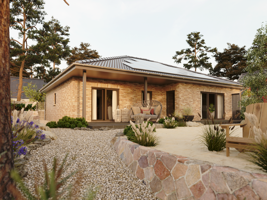 Bungalow 128 Gartenansicht mit Klinkerfassade in Aurora Moderner Bungalow 128 mit Klinker in Aurora, großzügige Terrasse und harmonisch gestalteter Gartenweg