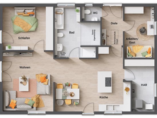 Grundriss Bungalow 110 Variante 3 mit Gästebereich und großem HAR Bungalow 110 mit separatem Gästebereich, Gäste-WC und Bad mit Saunaoption